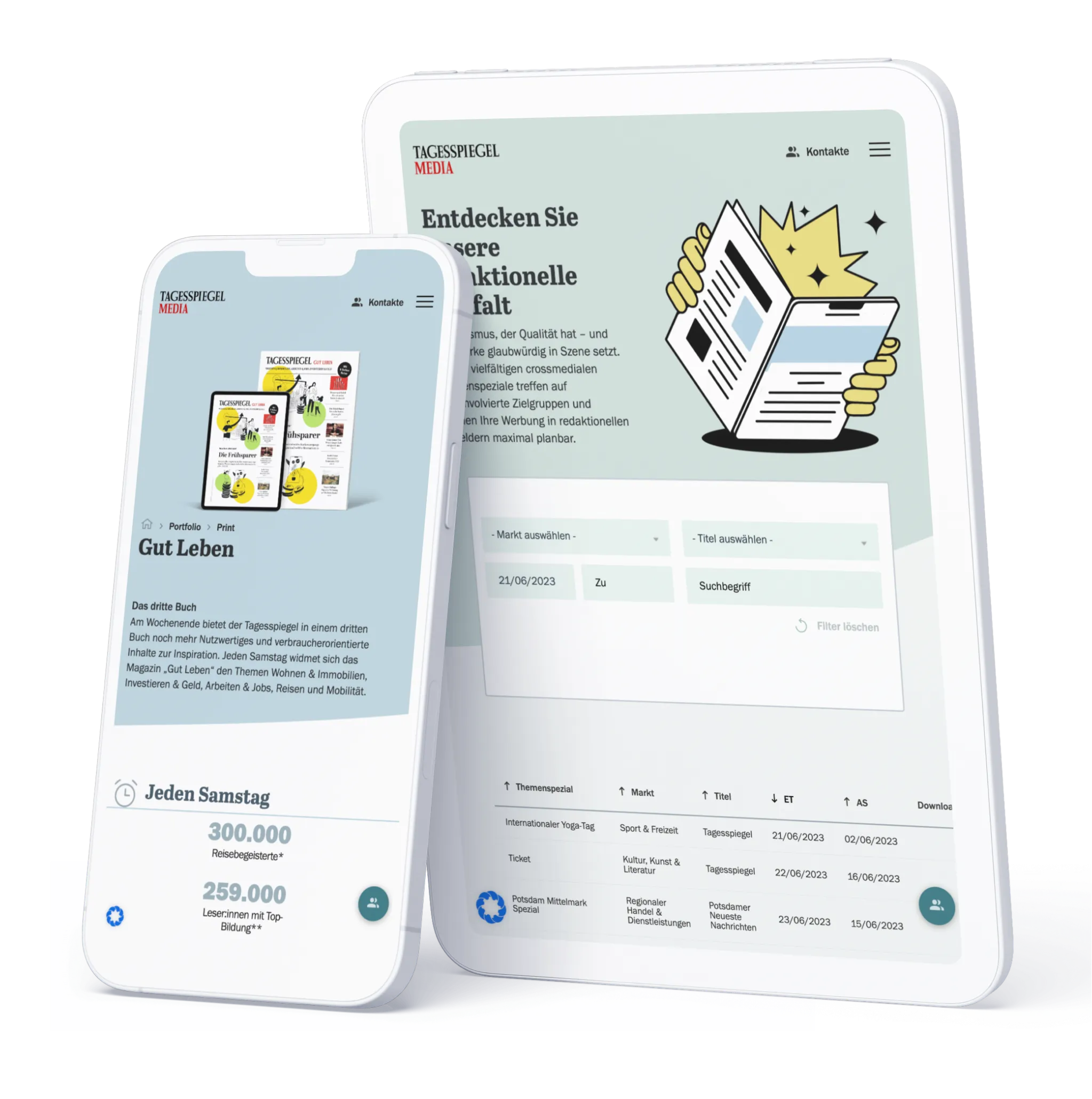 Ansichten der Tagesspiegel-Media Website auf unterschiedlich großen Displays