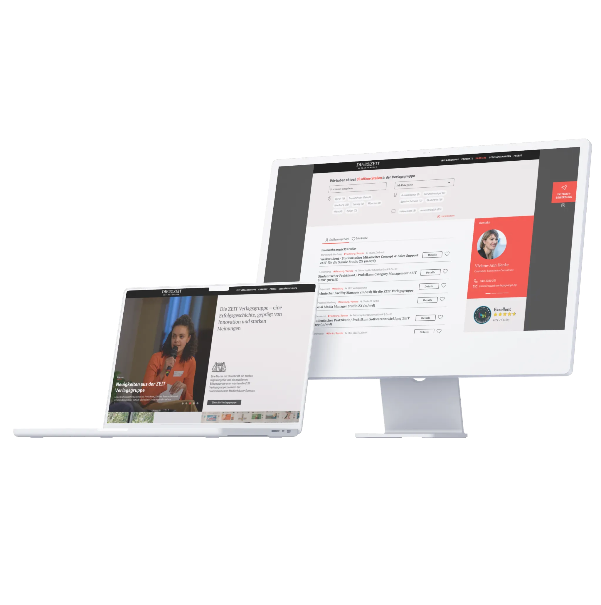 Abbildung der Zeit-Verlagsgruppen Website auf einem Laptop und einem Desktop-Display