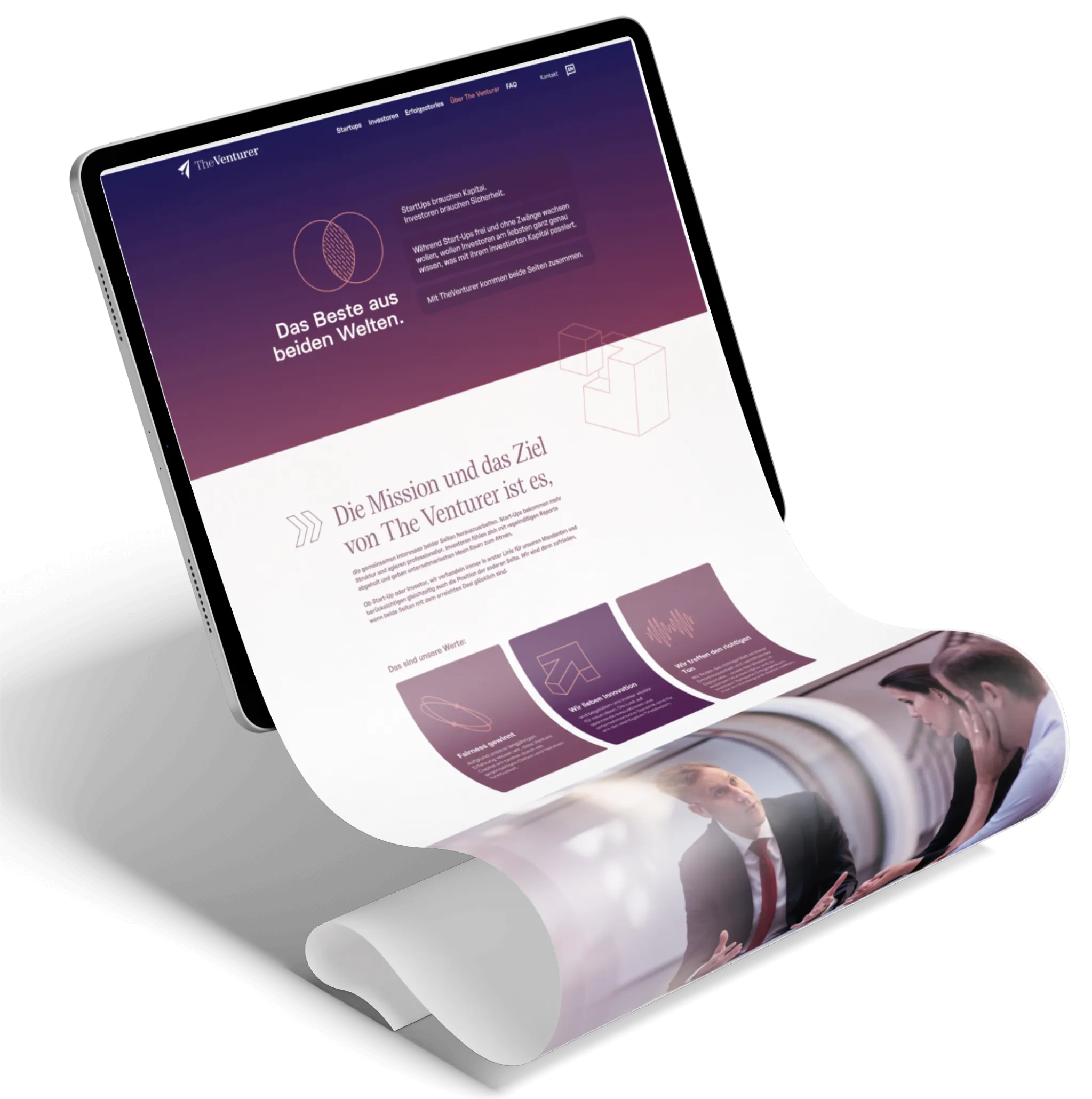 Ansicht der The Venturer-Website auf einem Tablet Display