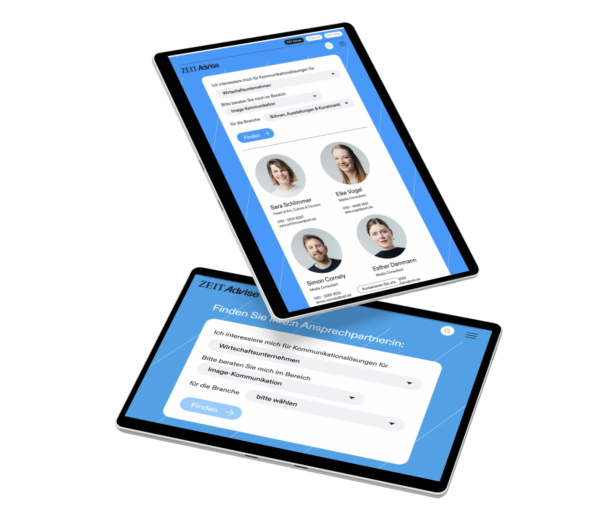 Ansicht des ZEIT Advise Kontaktfinders auf Tablet-Displays