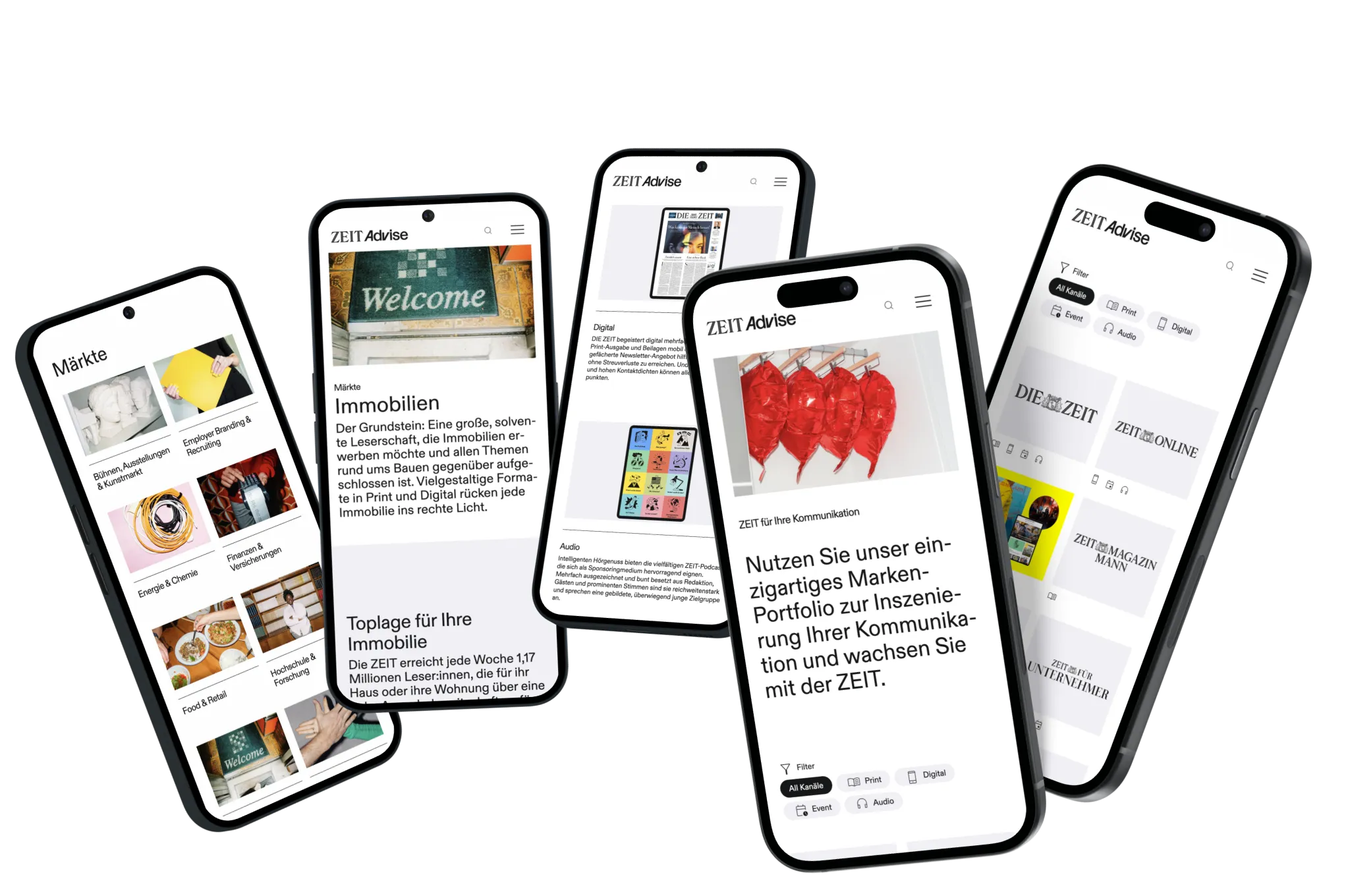 Ansicht der ZEIT Advise Website auf mehreren mobilen Displays