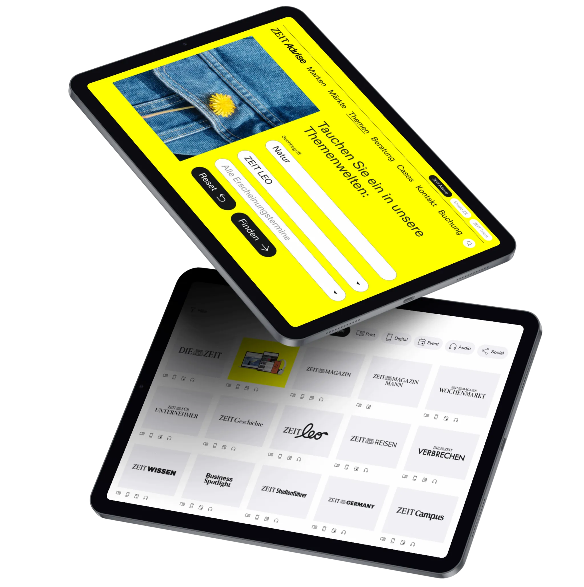 Ansicht des ZEIT Advise - Themenfinders auf mobilen Displays