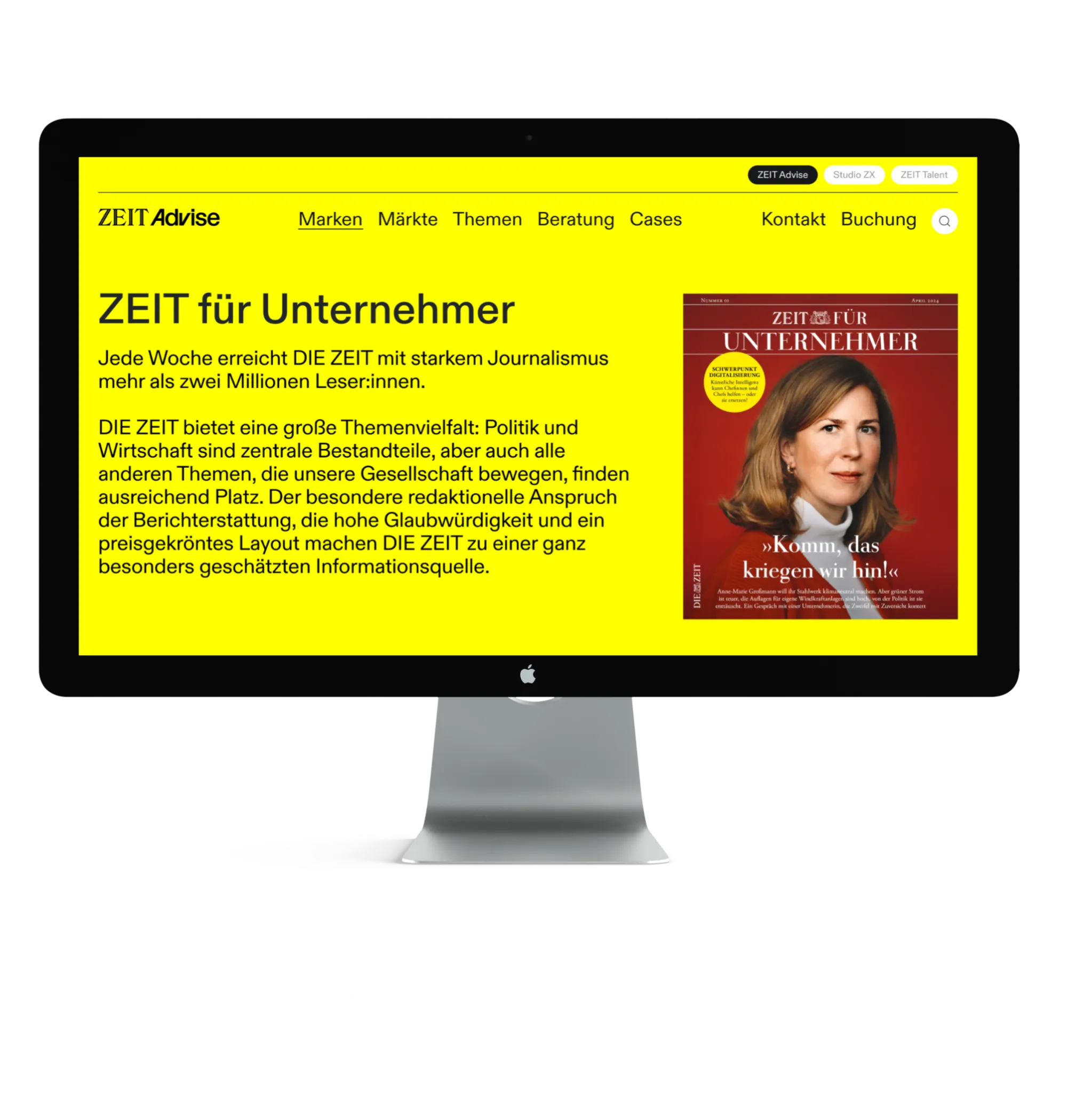 Ansicht der ZEIT Advise Website auf einem Desktop Display