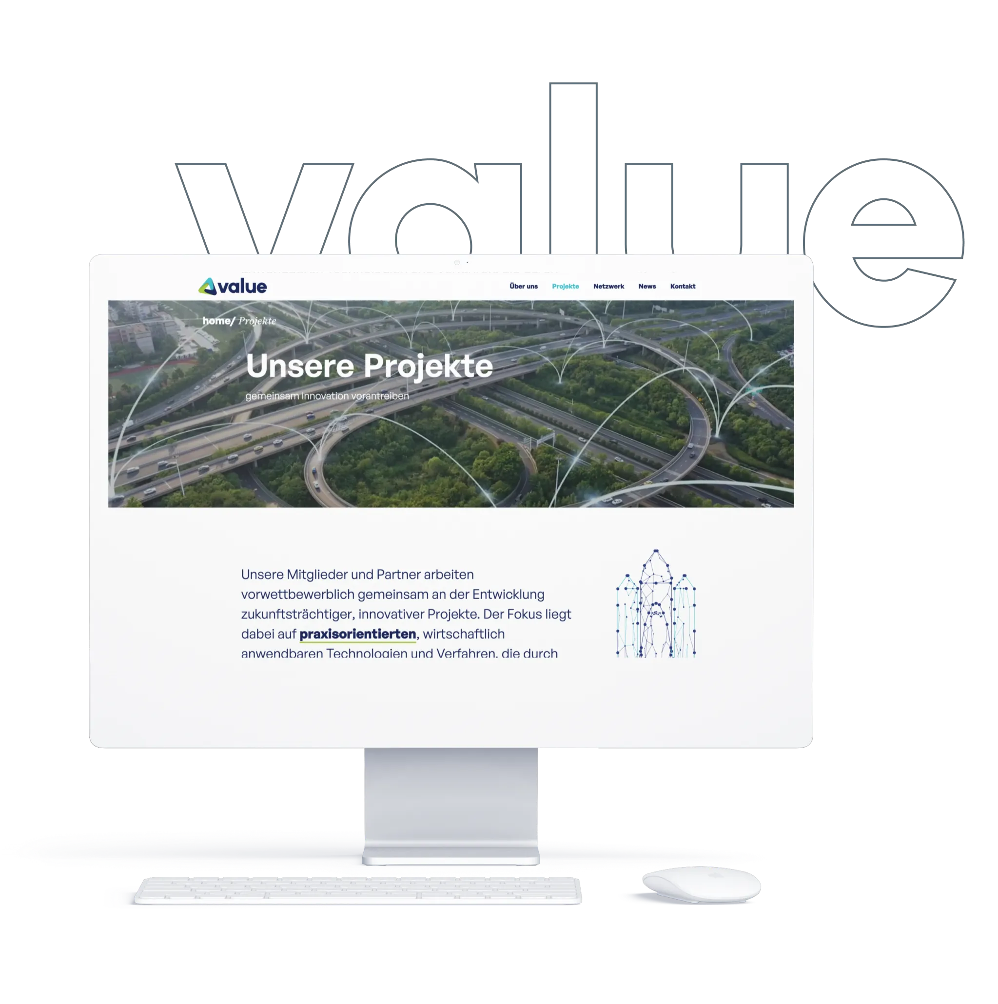 Abbildung der Value- Website auf einem Desktop Rechner